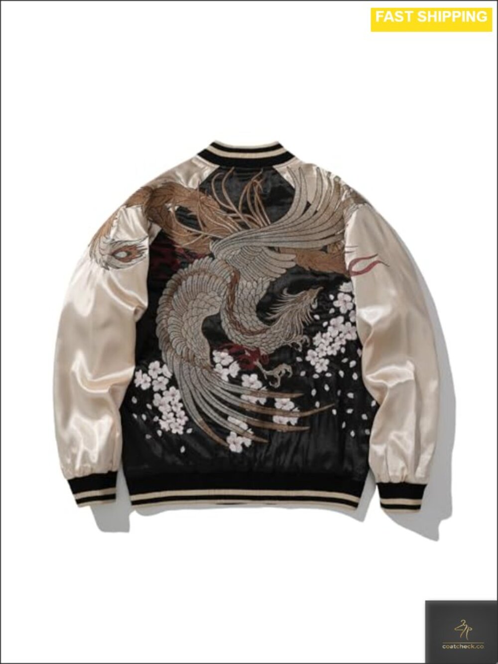 Men's Satin Bomber Jacket Japanese Phoenix Embroidery Streetwear Varsity